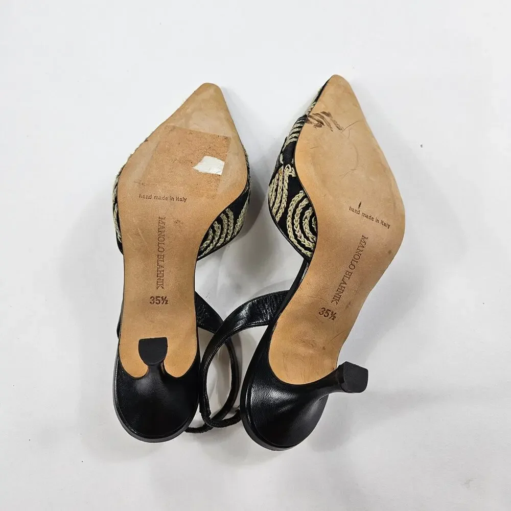 Y2k Manolo Blahnik Kitten Heels Slingback Embroidered - Size 35.5 (5)